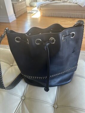 Brooks Brothers Black Leather Whipstitch Drawstring Bucket Bag